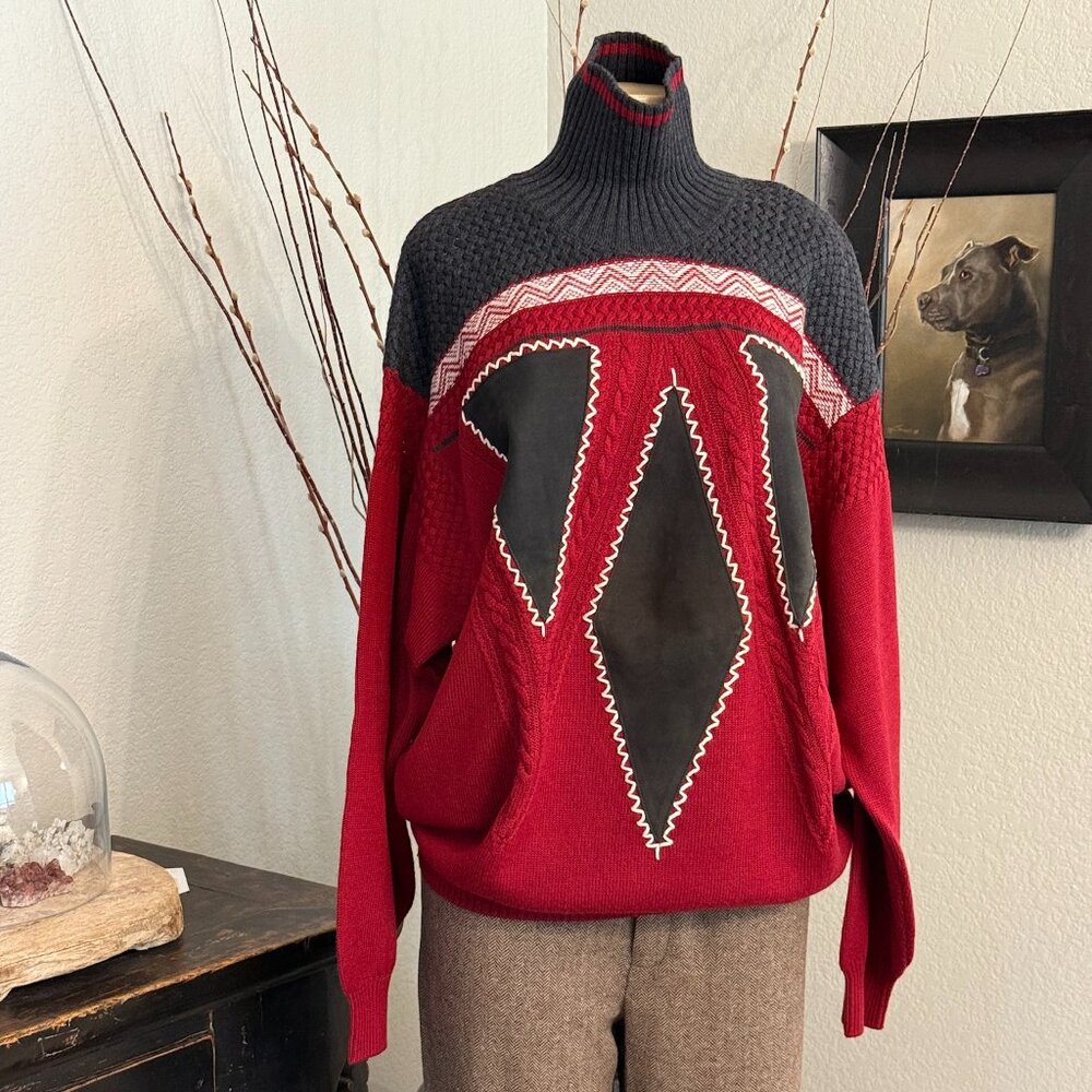 UMBERTO BILANCIONI Wool w/ Leather Accents Long Sleeved TURTLE NECK SWEATER